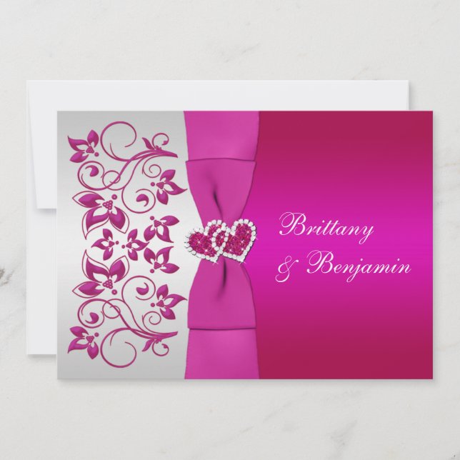 Invitation IMPRIMÉE RIBBON rose, mariage floral argent Invita (Devant)