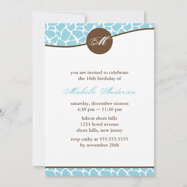 Invitation Imprimer Giraffe turquoise Anniversaire (Devant)