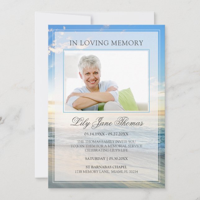 Invitation In Love Memory Elegant Beach Photo Funérailles (Devant)