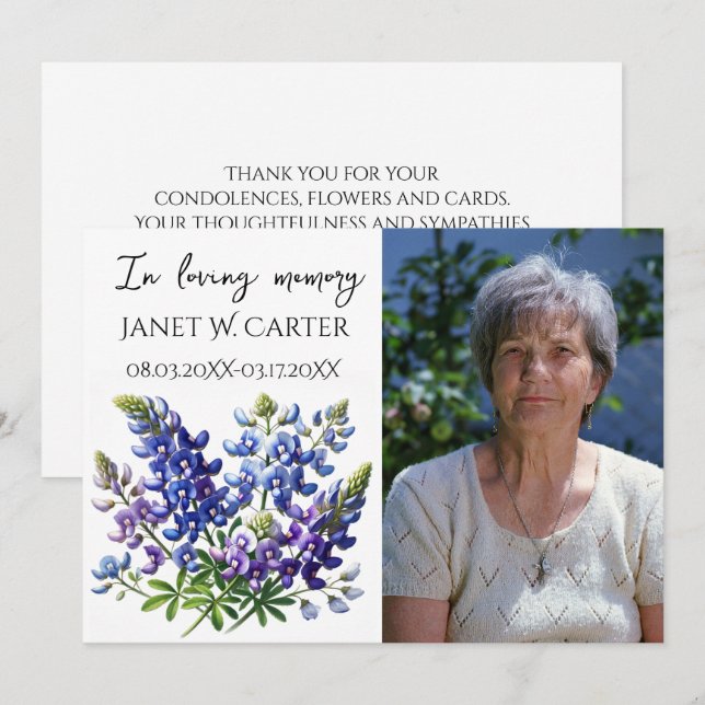 Invitation In Loving Memory Bluebonnets Texas Floral Funeral (Devant / Derrière)