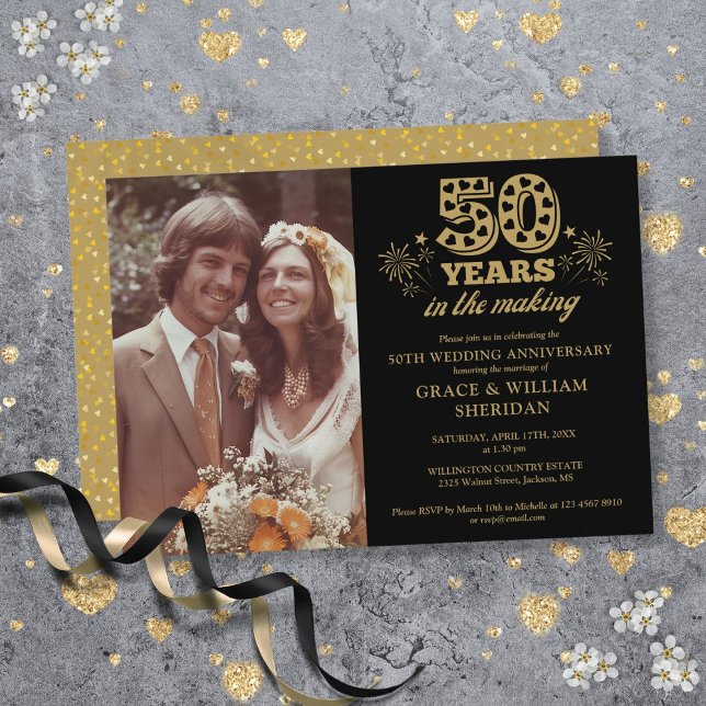 Invitation In The Making 50e Anniversaire Photo Noir Or (In The Making 50th Anniversary Photo Gold Black Invitation)