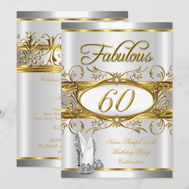 Invitation Incroyable 60e Anniversaire Or Argent Talons Hauts (Devant / Derrière)