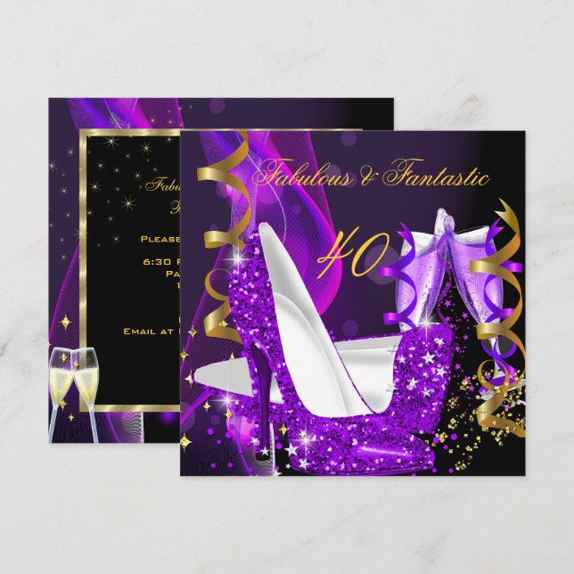 Invitation Incroyable Fantastique Moderne Violet Or Anniversa (Devant / Derrière)