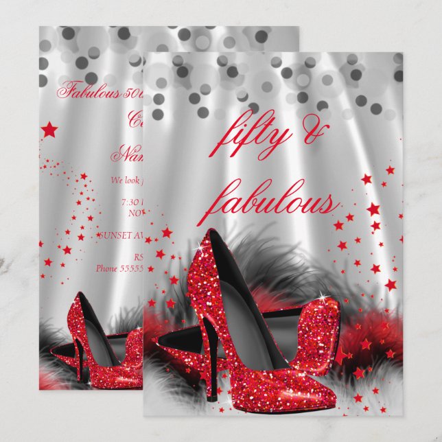 Invitation Incroyables 50 Rouge Talons Hauts Noir Argent Anni (Devant / Derrière)
