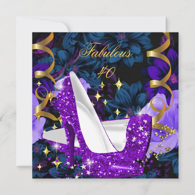 Invitation Incroyables talons hauts or pourpre 40 ans Fleurs  (Devant)