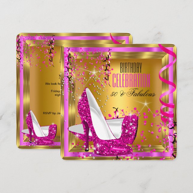 Invitation Incroyables talons hauts rose pailletés or anniver (Devant / Derrière)