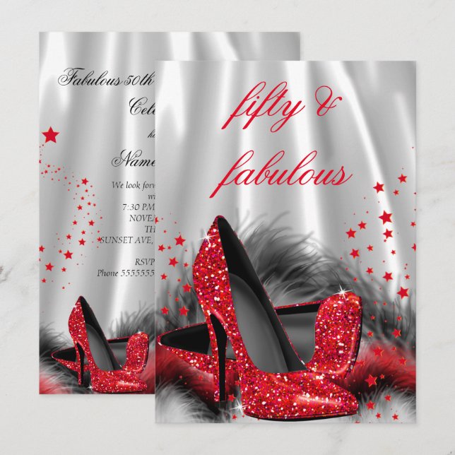 Invitation Incroyables talons hauts rouges 50 ans Noir Argent (Devant / Derrière)