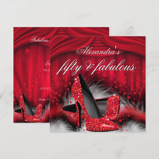 Invitation Incroyables talons hauts rouges à plumes pour 50 a (Devant / Derrière)
