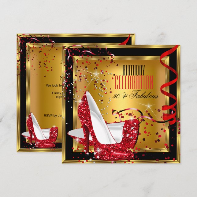 Invitation Incroyables talons hauts rouges pailletés or anniv (Devant / Derrière)