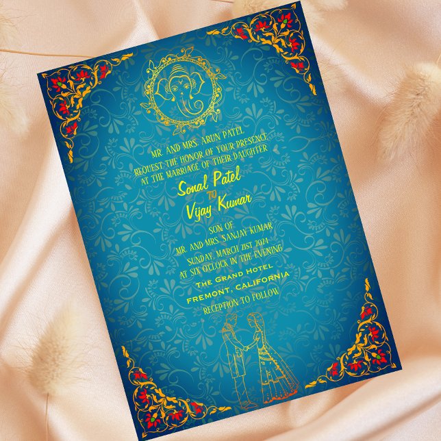 Invitation Inde Mariage hindou Couple Image Turquoise Golden (Créateur téléchargé)