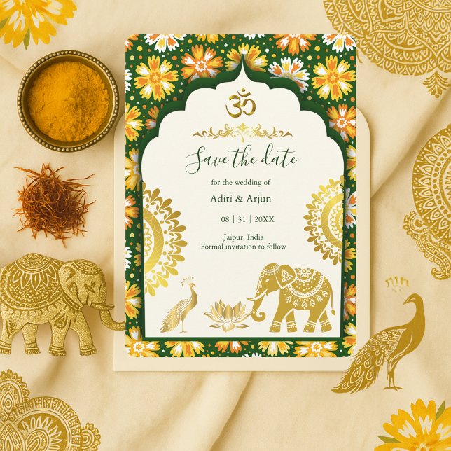 Invitation Indian Wedding Save the Date – Emerald ivory Gold  (Créateur téléchargé)