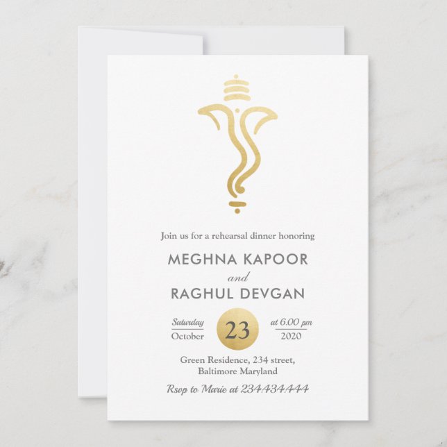 Invitation Indien | Dîner de répétition Faux Gold Foil Ganesh (Devant)