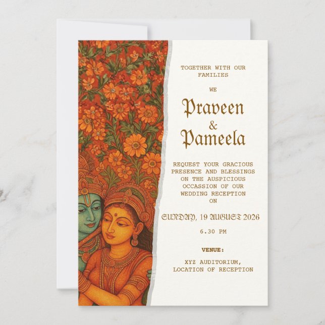 Invitation indienne avec peinture murale de Radhak (Devant)