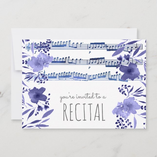 Invitation indigo bleu aquarelle fleurs musique récital (Devant)