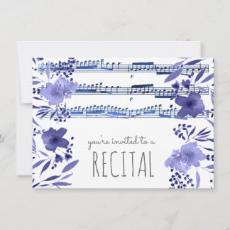 Invitation indigo bleu aquarelle fleurs musique récital