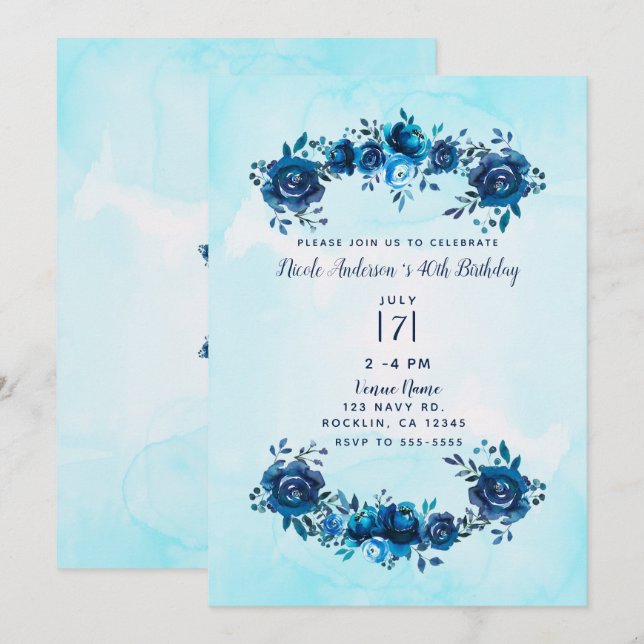 Invitation Indigo Bleu Aquarelle Floral Rustique Anniversaire (Devant / Derrière)