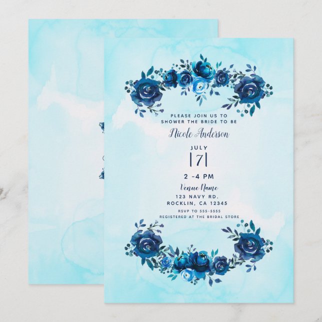 Invitation Indigo Bleu Aquarelle Floral Rustique Fête de Mari (Devant / Derrière)