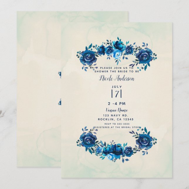 Invitation Indigo Bleu Beige Fleurs Aquarelle Enterrement de  (Devant / Derrière)