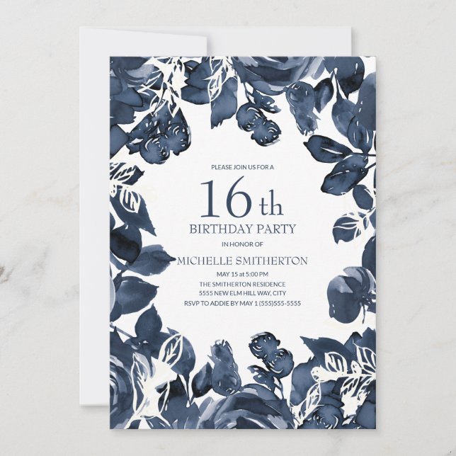 Invitation Indigo Bleu Nuit Feuilles 16 Ans (Devant)