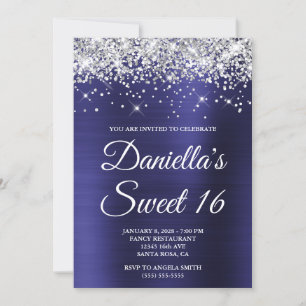 Invitation Indigo Bleu Pailleté Argent Douce 16