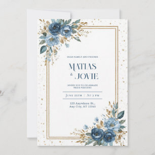 Invitation Indigo Bleu Rose Doré Paillettes Aquarelle Floral