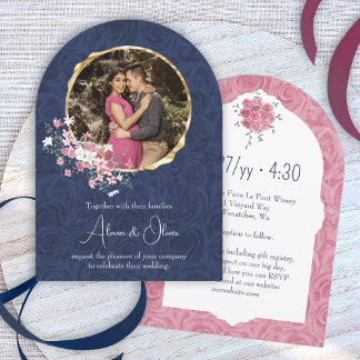 Invitation Indigo Bleu, Rose Mauve, Cadre Doré Circulaire