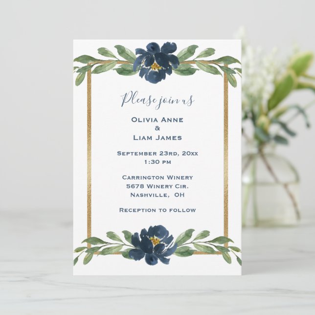 Invitation Indigo Blue Floral Elegant Mariage or (Debout devant)