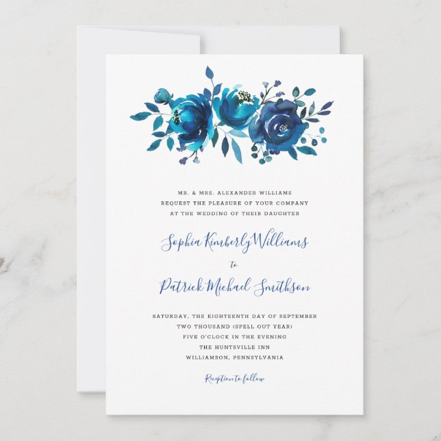 Invitation Indigo Blue Floral + libellé traditionnel mariage (Devant)
