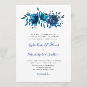 Invitation Indigo Blue Floral + libellé traditionnel mariage