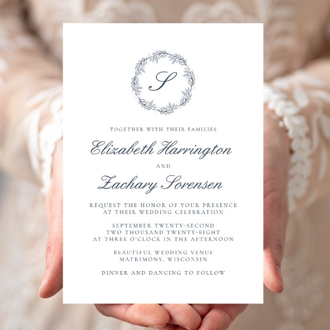Invitation Indigo Blue Monogram Wreath Script Mariage (Créateur téléchargé)