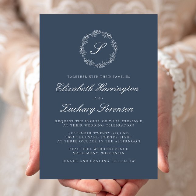 Invitation Indigo Blue Monogram Wreath White Script Mariage (Créateur téléchargé)