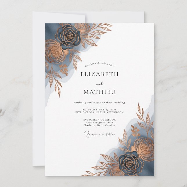 Invitation Indigo Brushstroke Bloom Wedding (Devant)