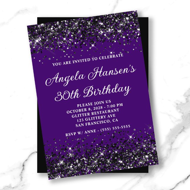 Invitation Indigo et Parties scintillant noire 30e anniversai (Indigo and Black Glitter 30th Birthday Invitation)