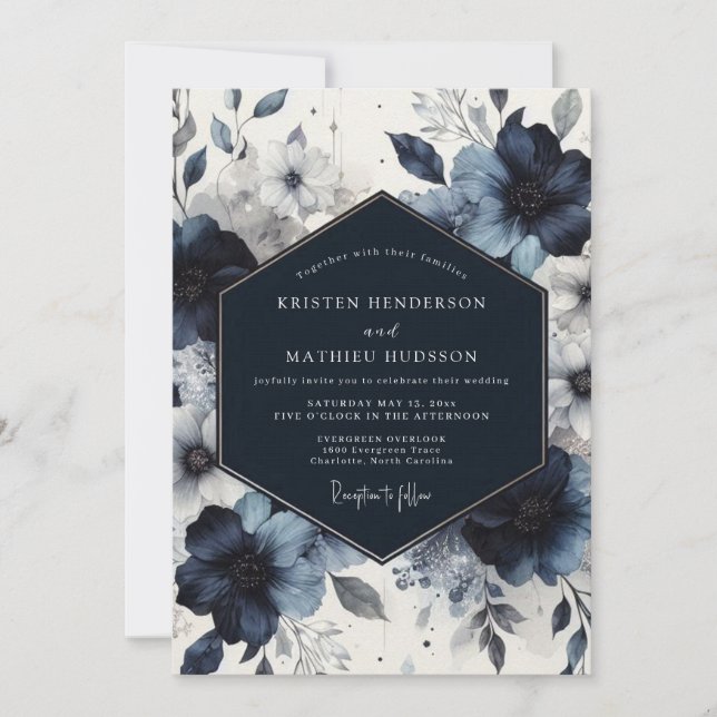 Invitation Indigo Floral Moody Romance Wedding (Devant)