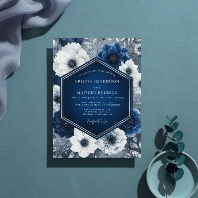 Invitation Indigo Floral Opulent Wedding (Créateur téléchargé)