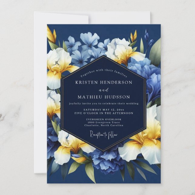 Invitation Indigo Golden Iris Bloom Wedding (Devant)