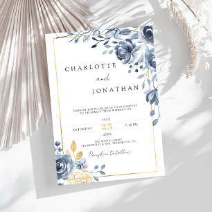 Invitation Indigo Navy Blue et Gold Elegant Mariage romantiqu