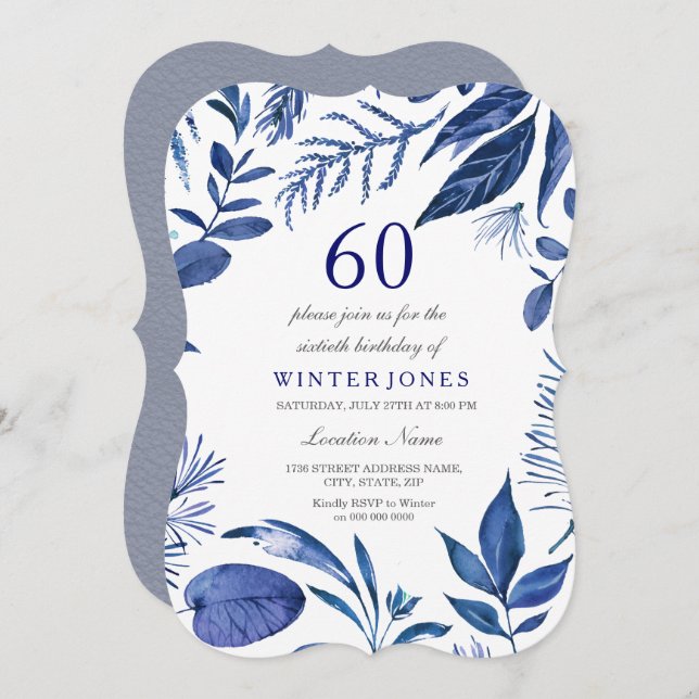 Invitation Indigo Navy Blue Leaf Floral 60e anniversaire Invi (Devant / Derrière)