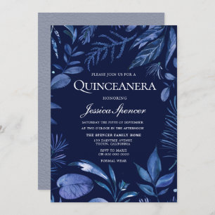 Invitation Indigo & Navy Blue Leaf Floral Quinceanera Invitat