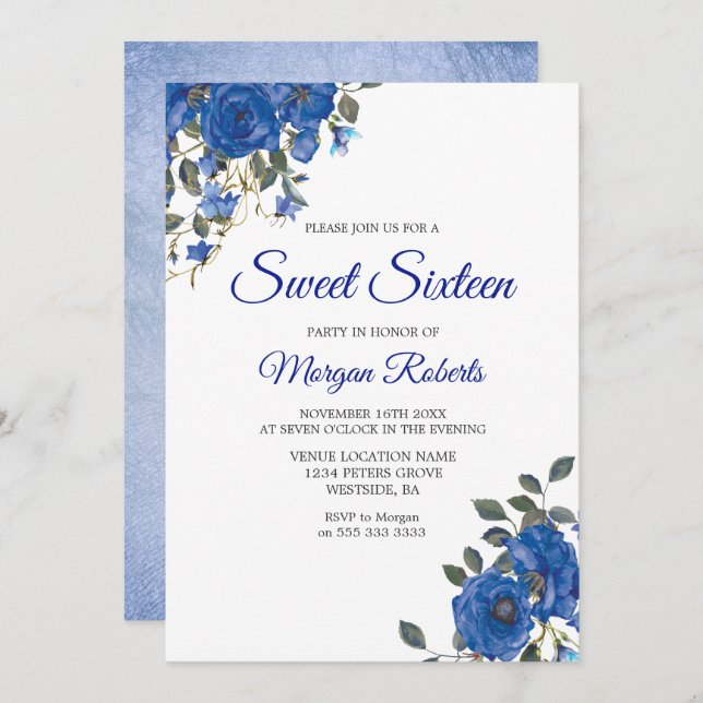 Invitation Indigo Navy Midnight Blue Flowers Sweet 16 Invitat (Devant / Derrière)