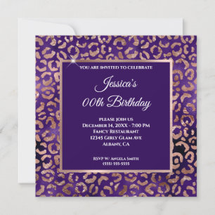 Invitation Indigo Purple et Rose Gold Leopard Foil anniversai