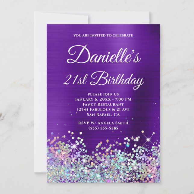 Invitation Indigo Purple Foil Holo Parties scintillant 21e an (Devant)