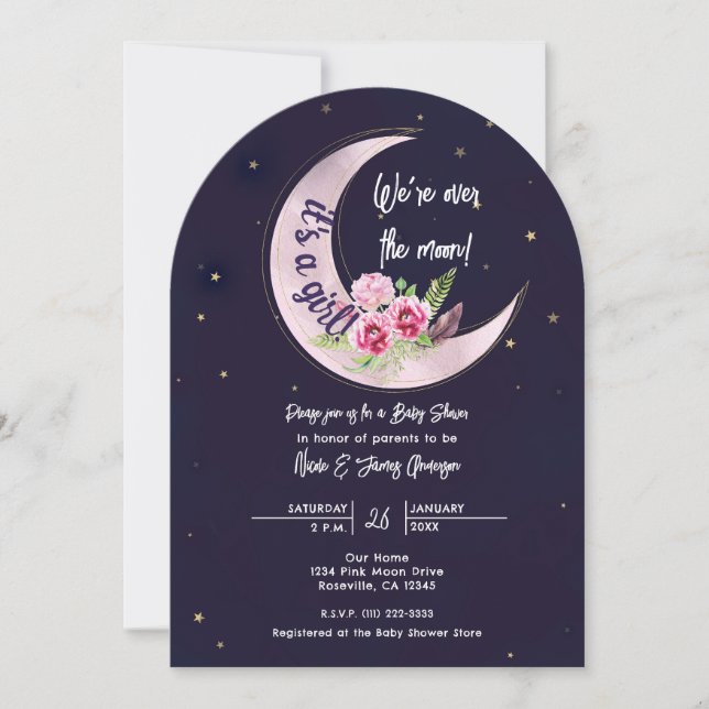 Invitation Indigo Star Fall Fleur Rose Baby Shower Lune (Devant)