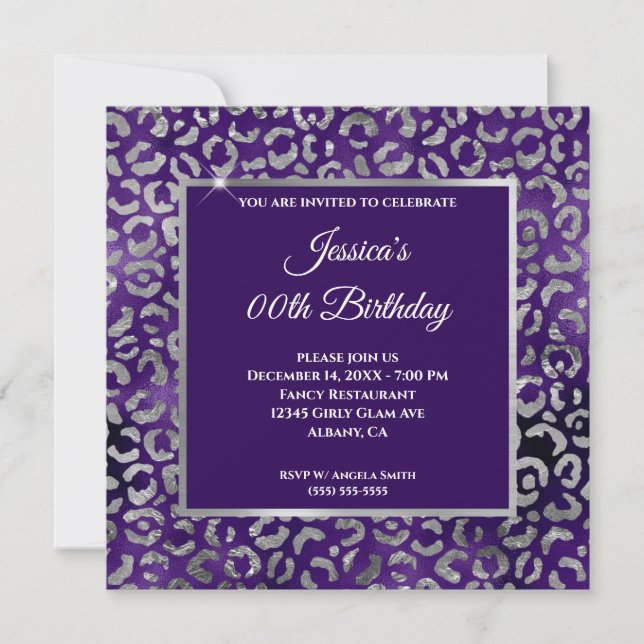 Invitation Indigo Violet et Léopard Argenté Anniversaire Foil (Devant)