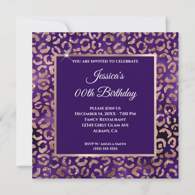 Invitation Indigo Violet et Rose Gold Léopard Feuille d'Or An (Devant)