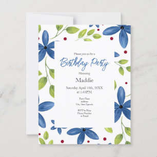 Invitation Indigo Watercolor Floral Bouquet Motif
