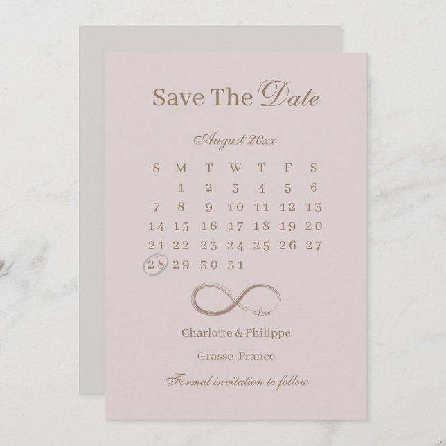 Invitation Infinity Dusty Rose Calendrier Enregistrer La Date (Devant / Derrière)