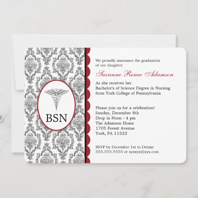 Invitation Infirmière diplômée BSN RN Burgundy damask noir (Devant)