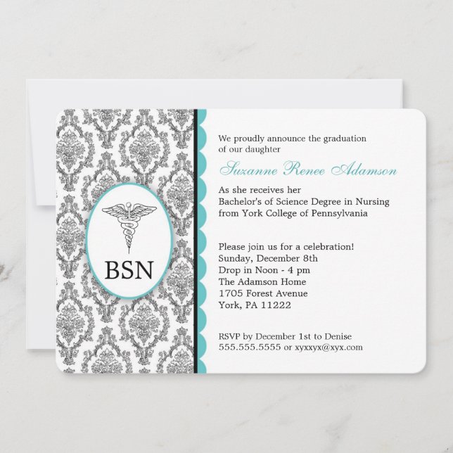 Invitation Infirmière diplômée BSN RN noir turquoise damas (Devant)
