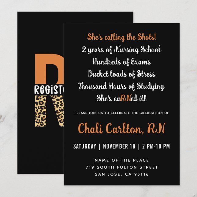 Invitation Infirmière inscrite à la RN Leopard Typographie (Devant / Derrière)